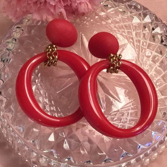 $8 ea. or 3/$15. Red Acrylic Dangle Hoop Earrings - Picture 1 of 4